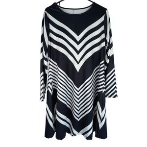 NWOT‎ Women Black White Chevron Print Long Sleeve Dress Office Simple Striped L